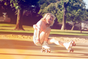 blonde, crazy, girl, hair, roller skates, street, white