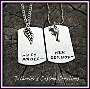 Her Cowboy His angel - Couples Dog Tag Set - Hand Stamped - Song quote