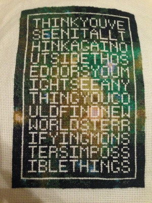 Embroidered negative-space Dr. Who quote.