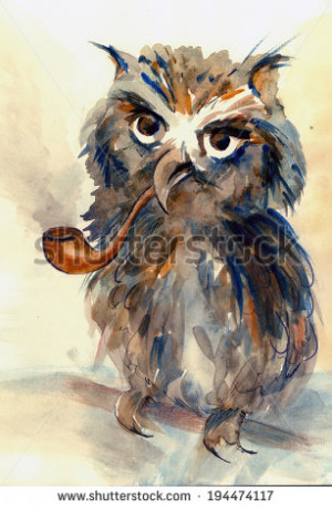 Wise Owl with big eyes and tube for smoking animal watercolor painting ...