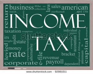 Income Tax on a blackboard with great terms such as April, refund ...