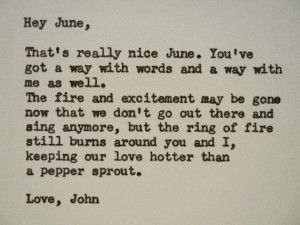 ... LOVE LETTER, by JOHNNY Cash to June Carter typed on a vintage