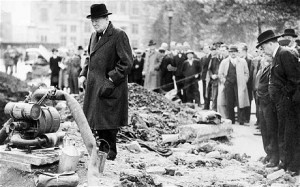 Winston Churchill inspecting a bomb crater close to the entrance of ...