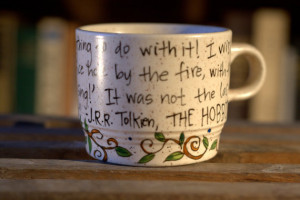 ... Tolkien Quote Mug - Bilbo Baggins - Short teacup mug with vine art