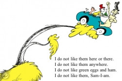 green eggs and ham in a car i do not like them here or there i do not ...