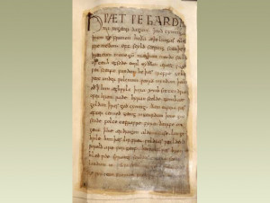 The first lines of Beowulf, the Old English story-poem. It begins: 'So ...