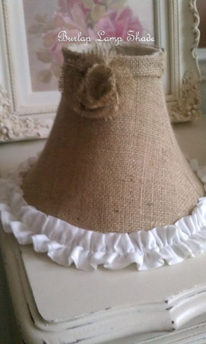 Shabby Chic Burlap Bell Shaped Lampshade with Cottage White Ruffle