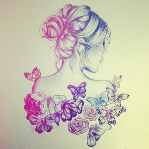 beautiful, butterfly, drawing, flower, girl, hair