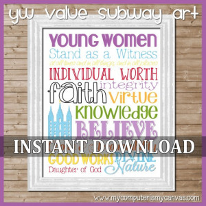 Young Women's Value Subway Art, Personal Progress LDS YW - Printable ...
