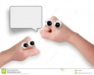 Two funny hand people are talking with a cartoon bubble for a quote to ...