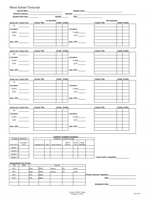 printable high school transcript forms