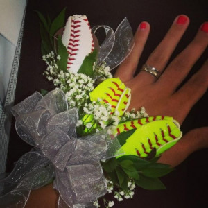 Baseball boutonniere and softball corsage for athletic prom couple ...