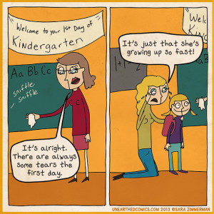 Parenting cartoon about the first day of kindergarten