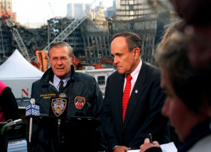 Donald Rumsfeld (left) and New York Mayor Rudy Giuliani at Ground Zero