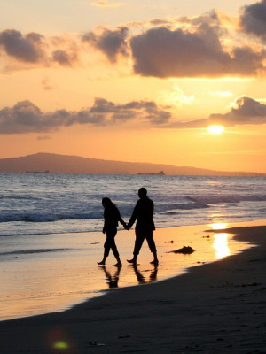 Sunset, Couple, Stroll, California, Pacific, Coast