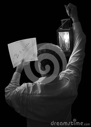 Black and white rear view of secretive stock market trader using ...