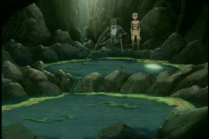 The guru -who has an Indian accent- uses pools of water