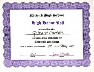 High Honor Roll student at Norwich High School for academic excellence ...
