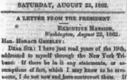 Abraham Lincoln to Horace Greeley, August 22, 1862 (Clipping from Aug ...