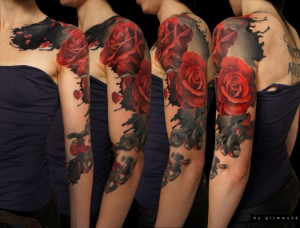 Red and Black Rose Tattoo Half Sleeve – Andrey Barkov Grimmy