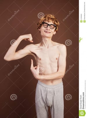 Funny Skinny nerd showing muscles.