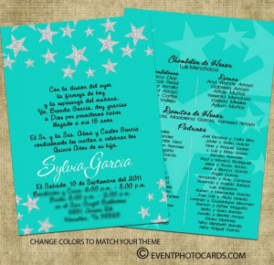 Turquoise Stars Theme Quinceanera Invite D39