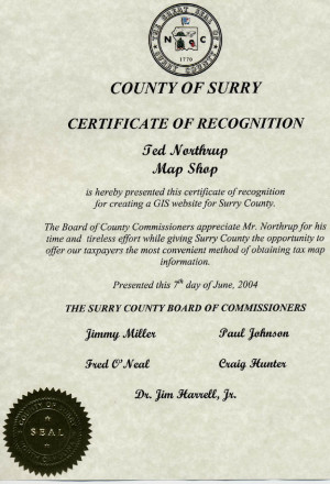 This is our certificate of appreciation from Surry County for our Map ...