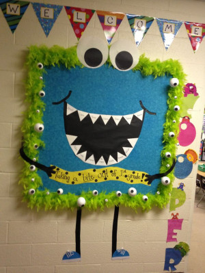 Monster themed bulletin board... Taking a bite out of first grade ...