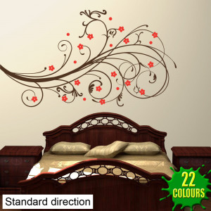 Chocolate and Red Decorative Swirls With Flowers above a headboard