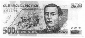 Mexican 500 Peso note, with a picture of Ignacio Zaragoza on it.