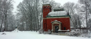 The Study building and Lew Wallace statue in the snow