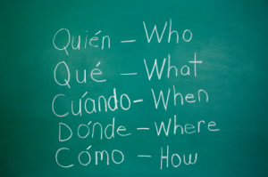 Spanish class. Chalkboard filled with Spanish interrogatives and their ...