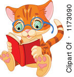 Cartoon Of A Cute Ginger Cat Wearing Glasses And Reading A Book ...