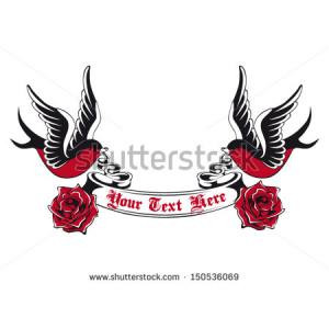 ... Tattoo Flash Design of Swallows with Ribbon Banner and Red Roses