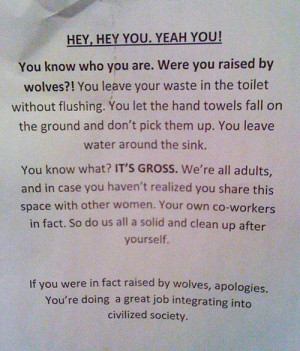 funny bathroom note raised by wolves