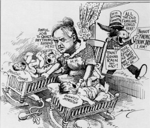 cartoon of Hoover having deal with problems caused by Great Depression