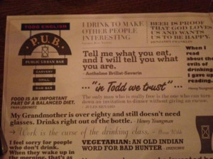 Todd English P.U.B.: Funny sayings on menu cover