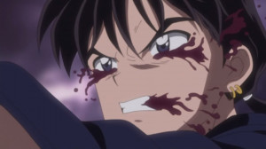 Miroku's face bleeds severely after sucking in too much of Naraku's ...