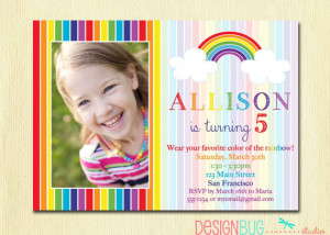 Rainbow Birthday Invitation - Girls Rainbow Party Photo Invitation ...