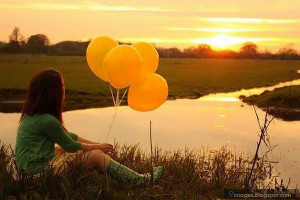 Sad, girl, alone, lake, sunset, balloon, cute