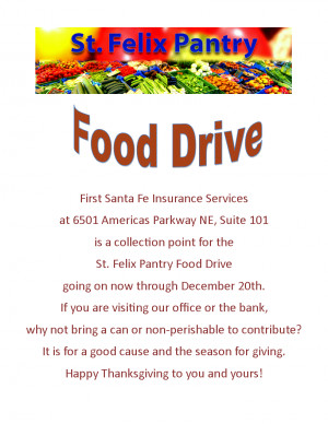 St. Felix Food Drive is Underway at First Santa Fe Insurance!