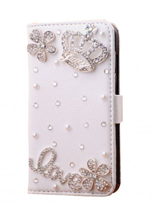 (TM) White 3D Crown Diamond Bling Synthetic Leather Flip Wallet Stand ...