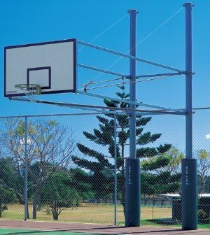 Side swing basketball tower Three pole system with extra long reach.