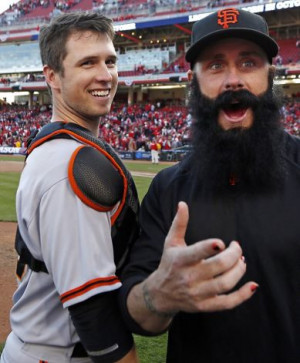 Francisco Giants' Buster Posey celebrates with pitcher Brian Wilson ...