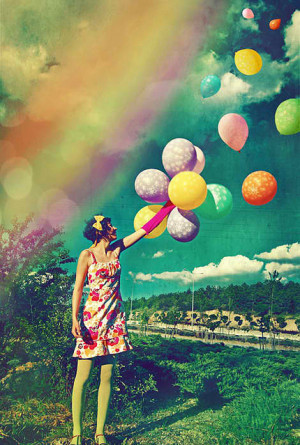 balloons, colorful, cute, girl, rainbow, vintage