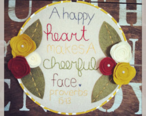 happy heart makes a cheerful face , hand embroidered, wall quotes ...