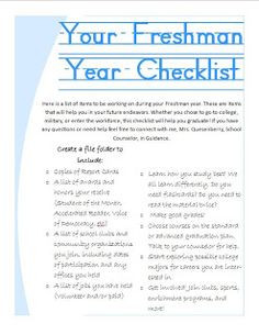 Checklist for 9th grade freshmen to encourage graduation high school ...