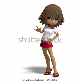 cute little cartoon school girl says hello. 3D rendering with clipping ...