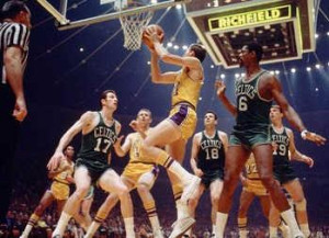 Los Angeles Lakers guard Jerry West scores against the Boston Celtics ...