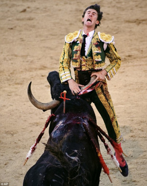 Pain is etched on Israel Lancho's face as the bull's horn pierces his ...